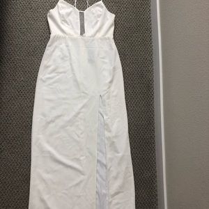 White long cocktail dress with deep-V mesh detail